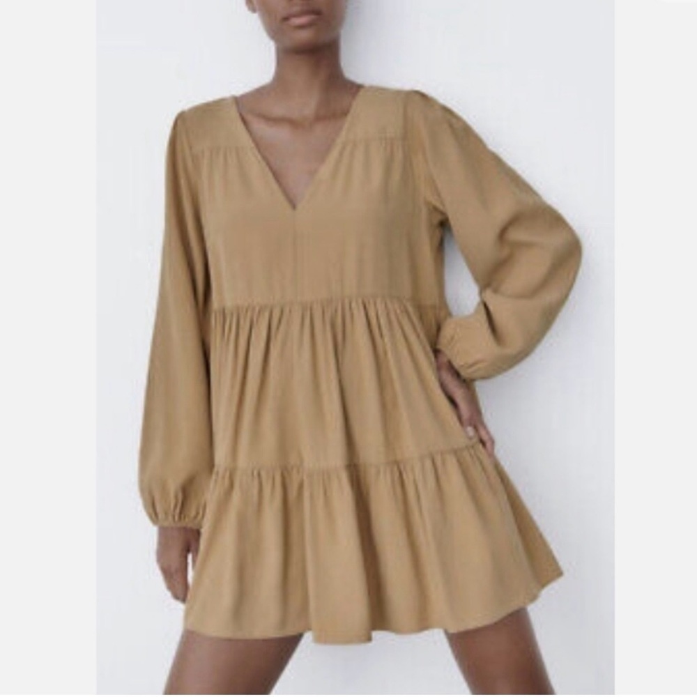 Zara Tiered V-Neck Mini Dress in Camel Brown size Small